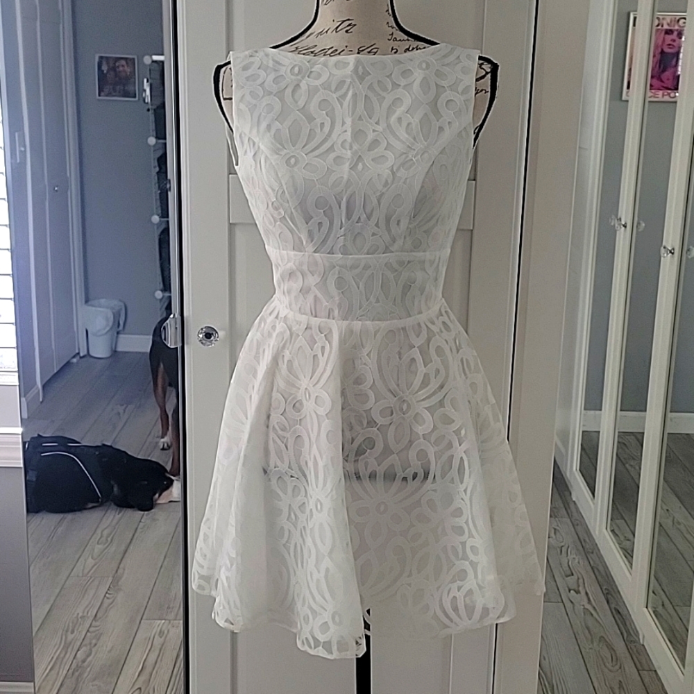 White lace open back dress